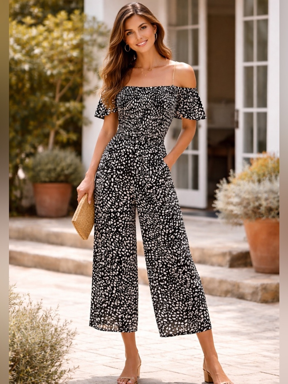 Oddy Black and White Off-Shoulder Wide Leg Crop Outfit Jumpsuit Ties In Back 2X